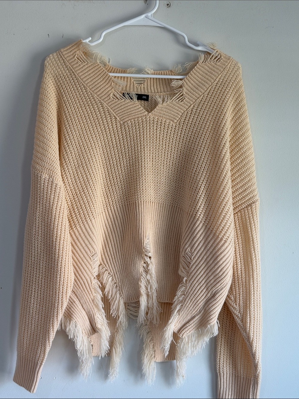 SHEIN Pale Cream Distressed Scoop-Neck Sweater